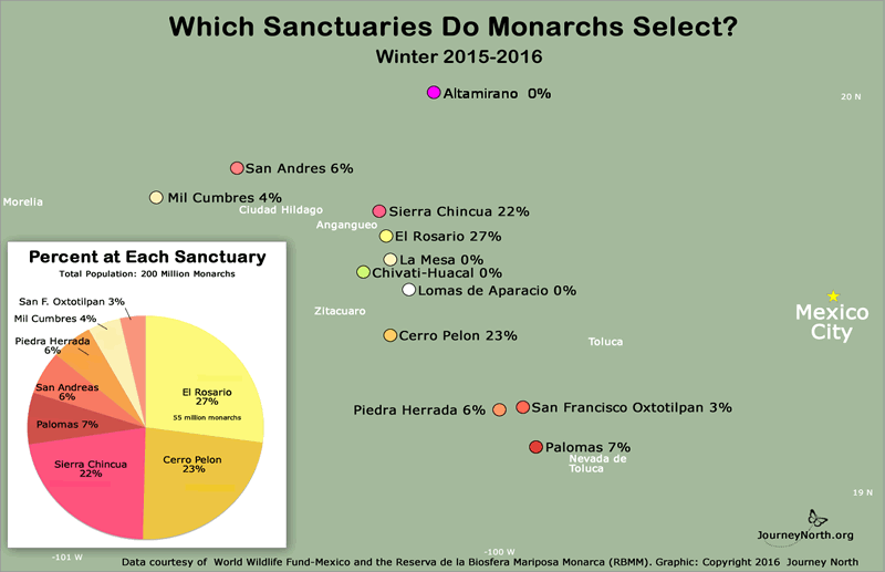 Map and graph showing where monarch butterfly population is distributed in Mexico