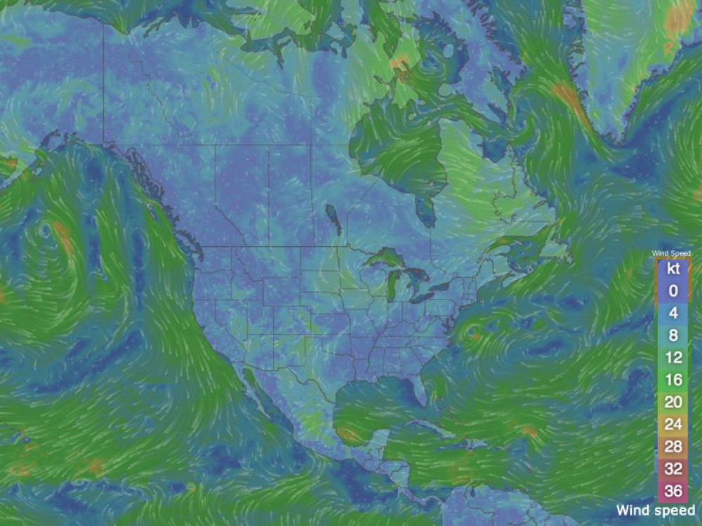 Study current weather maps for clues to migration patterns. Pay attention to the weather fronts, pressure, wind, and temperatures in regions where hummingbirds have been sighted. Photo courtesy of Windy.com