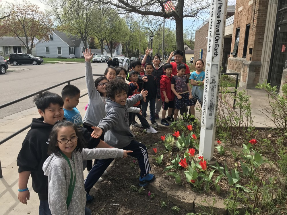 Celebrating tulips blooming around the peace pole