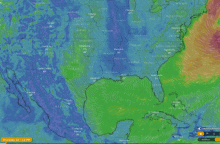 Gulf of Mexico area winds push up through Texas.